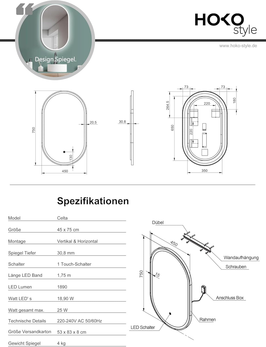HOKO Design Badspiegel oval 45x75 cm / 75x45 cm Bern mit Energiesparend LED Beleuchtung und Metall R