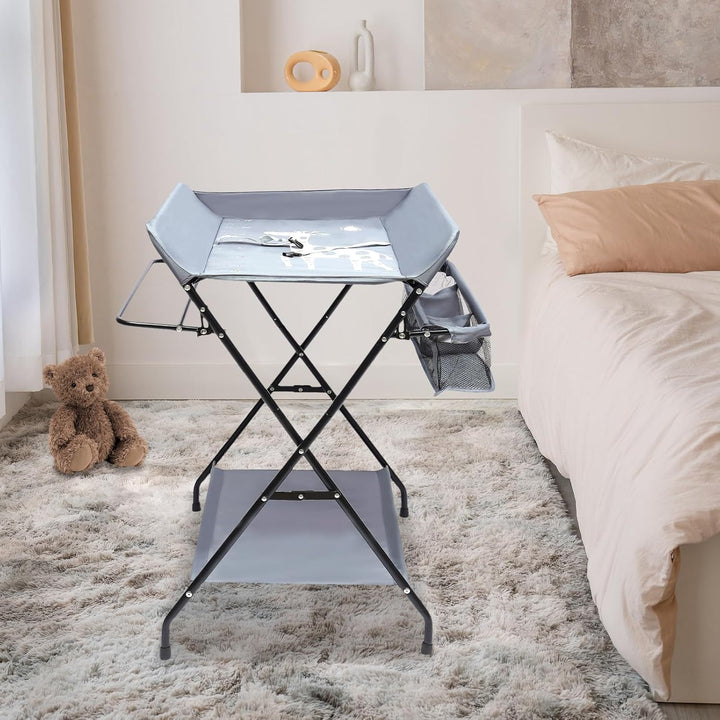Baby Klappbarer Wickeltisch, Firma Wickelkommode mit Sicherheitsgurt &amp; Ablagefläche &amp; Zaun, Leicht z