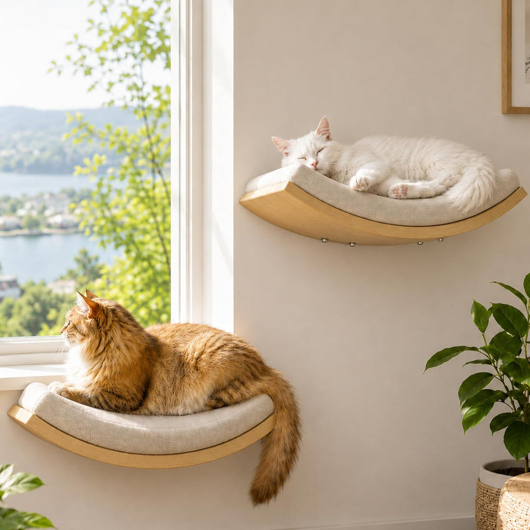 Katzentreppe Wand, Katzen Kletterwand 3er-Set mit 2 Kletterstufen & Gebogenen Plattformen, Wandmonti