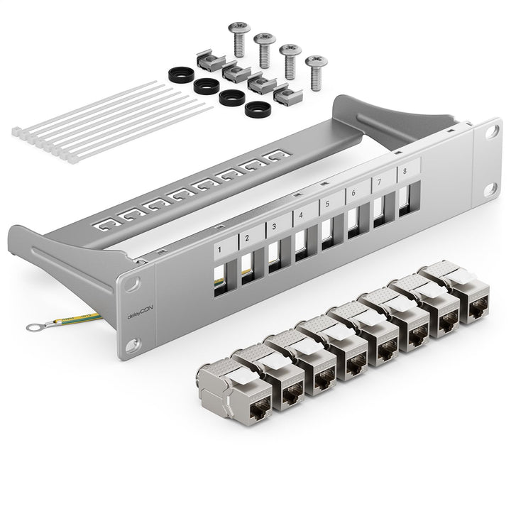 deleyCON 8 Port Patchpanel Set Patchfeld Modular 1 HE 10" Zoll Rackeinbau + 8x RJ45 Keystone Module