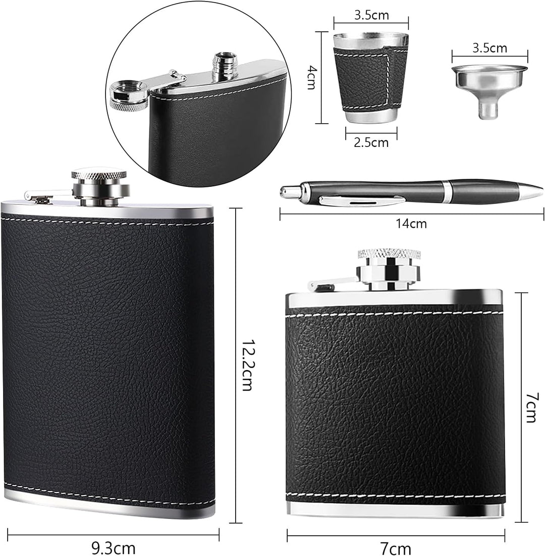 Flachmann Geschenkset Personalisiert 8oz+3oz, Schwarz Leder Mit Schnapsbecher Edelstahl, Signatursti