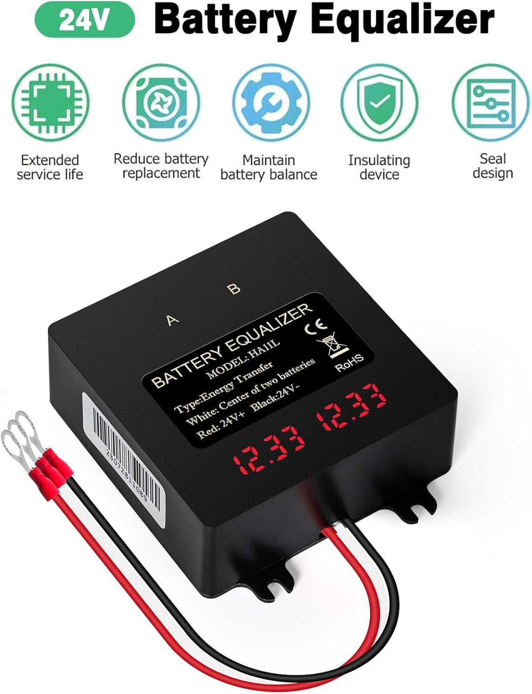 DEWIN Batterie-Balancer, Batterie-Equalizer 24V Digitalanzeige 2 x 12V Batterie-Balancer for Blei-Sä