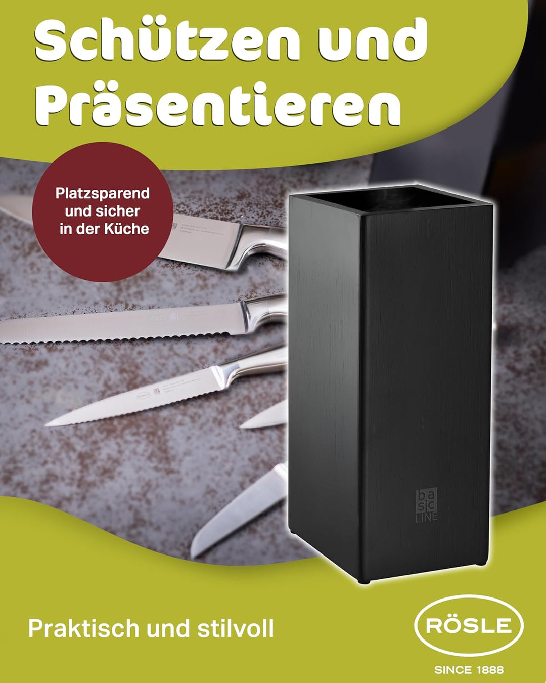 RÖSLE Bürsten-Messerblock Basic Line bestückt 6-tlg., Hochwertiger Messerblock aus Bambusholz mit 5