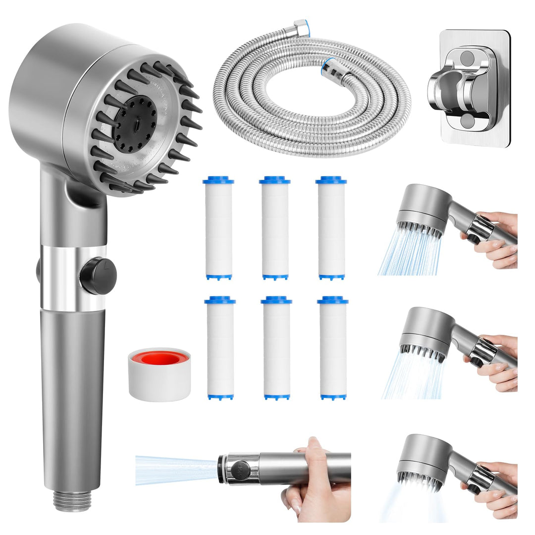 Duschkopf mit Filter, Hochdruck Handbrause mit 2 M Schlauch, Brausekopf Dusche, 4 Strahlarten, Dusch