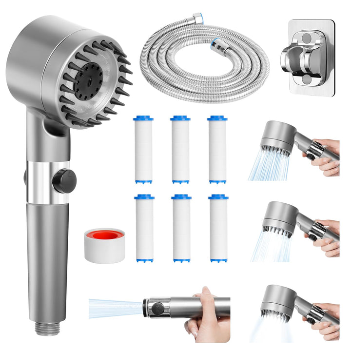 Duschkopf mit Filter, Hochdruck Handbrause mit 2 M Schlauch, Brausekopf Dusche, 4 Strahlarten, Dusch