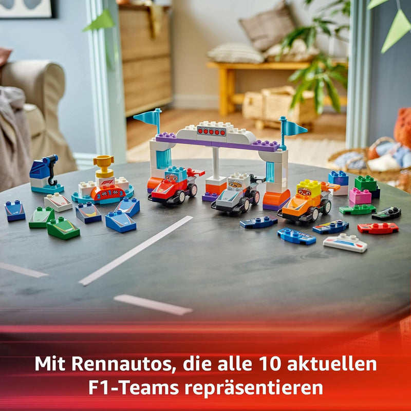 LEGO DUPLO Town F1 Team Rennautos mit Rennfahrern, Bauspielzeug für die ganze Familie, fantasievolle