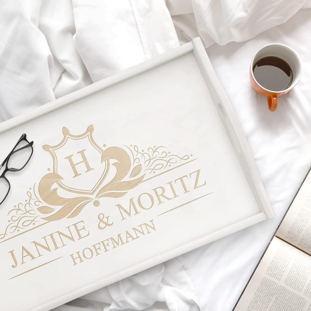 Maverton Frühstückstablett mit Gravur - für Zwei - Betttisch mit Griffen - klappbare Beine - Weiss -
