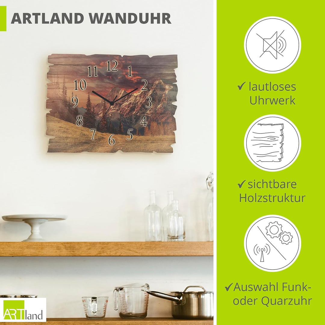 ARTLAND Wanddeko Wanduhr ohne Tickgeräusche aus Holz Quarz Uhr lautlos 40x30 cm Rechteckig Alpen Lan