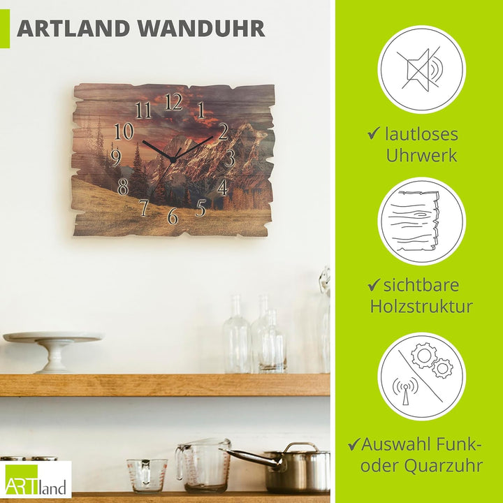 ARTLAND Wanddeko Wanduhr ohne Tickgeräusche aus Holz Quarz Uhr lautlos 40x30 cm Rechteckig Alpen Lan