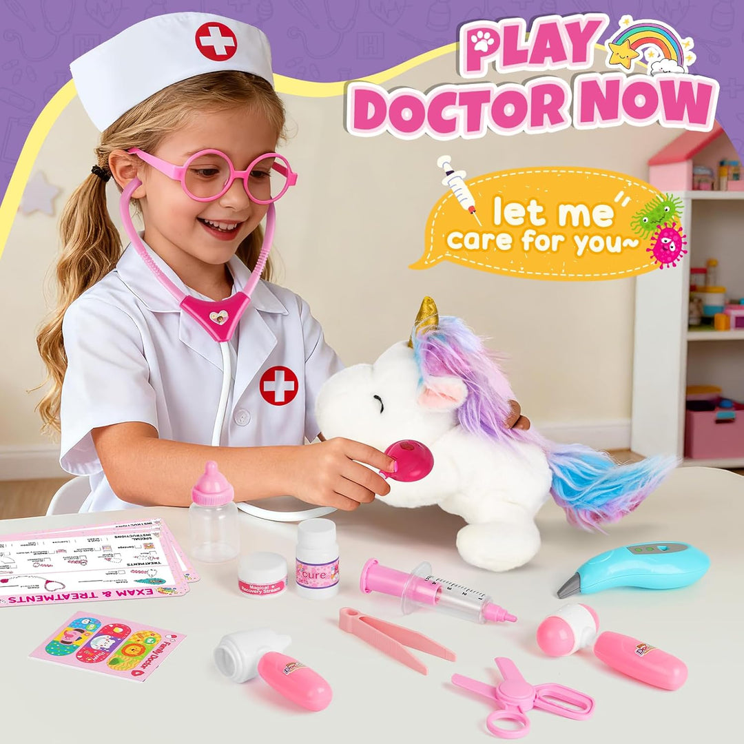Kinder Arztkoffer, Tierarzt Spielzeug Set mit Plüsch Einhorn & Arztkittel, Rollenspiel für Kinder ab