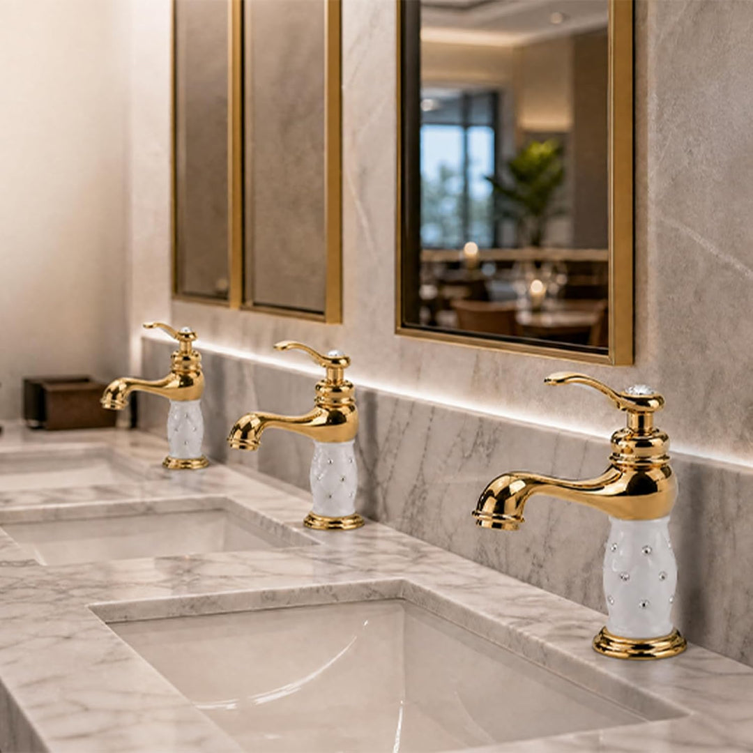 Tbest Waschtischarmatur Weiss Gold,Wasserhahn Gold,Grohe Wasserhahn Waschbecken Goldfarben Massivem