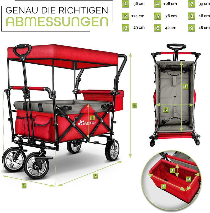 TRESKO Bollerwagen faltbar mit Dach | Handwagen mit 3-Punkt Gurtsystem | Gartenwagen klappbar | Tran