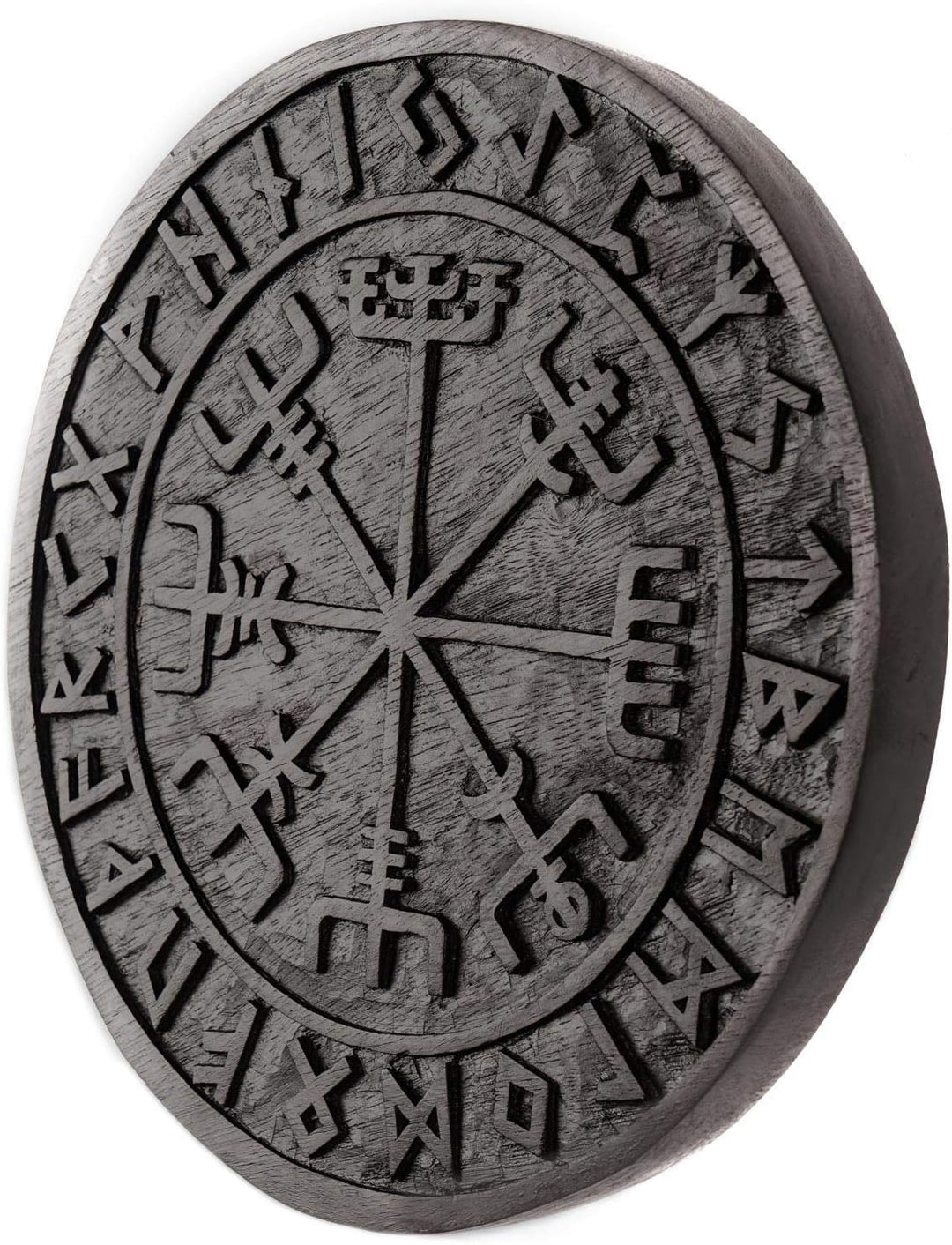 Windalf Schwarzes Vikings Holzbild Vegvisir Ø 23 cm Wikinger Kompass Futhark Handarbeit aus Holz