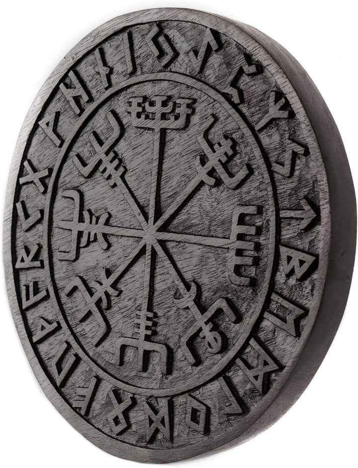 Windalf Schwarzes Vikings Holzbild Vegvisir Ø 23 cm Wikinger Kompass Futhark Handarbeit aus Holz