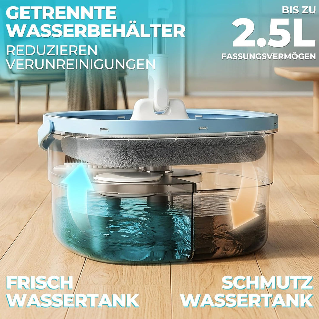 Wischmopp Set mit Eimer, Flachmopp mit Doppelkammer-System zur Trennung von Schmutz- und Frischwasse