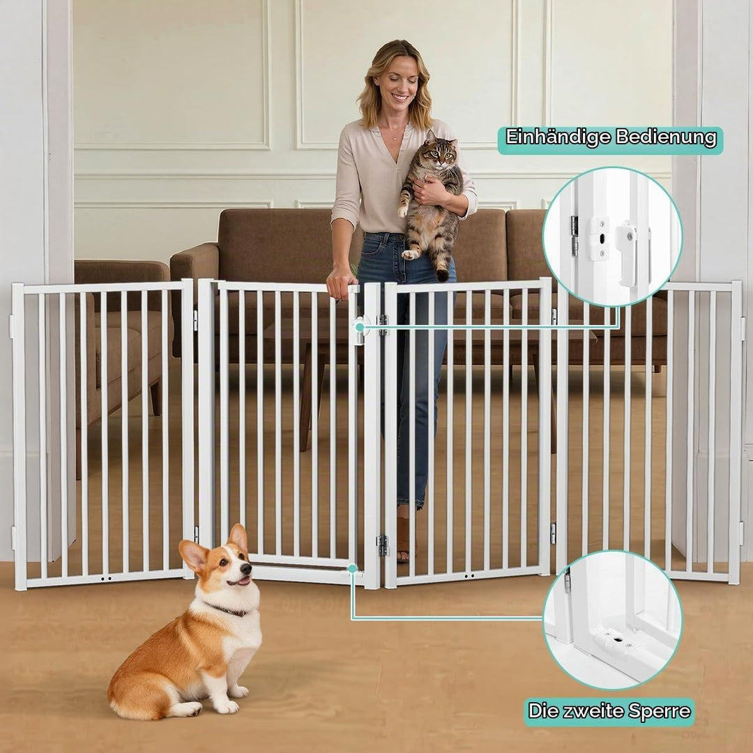 COMOMY Metall Hundegitter Freistehend mit Tür, 203cm Extra Breit Absperrgitter Hund Wohnung, 81cm Ho