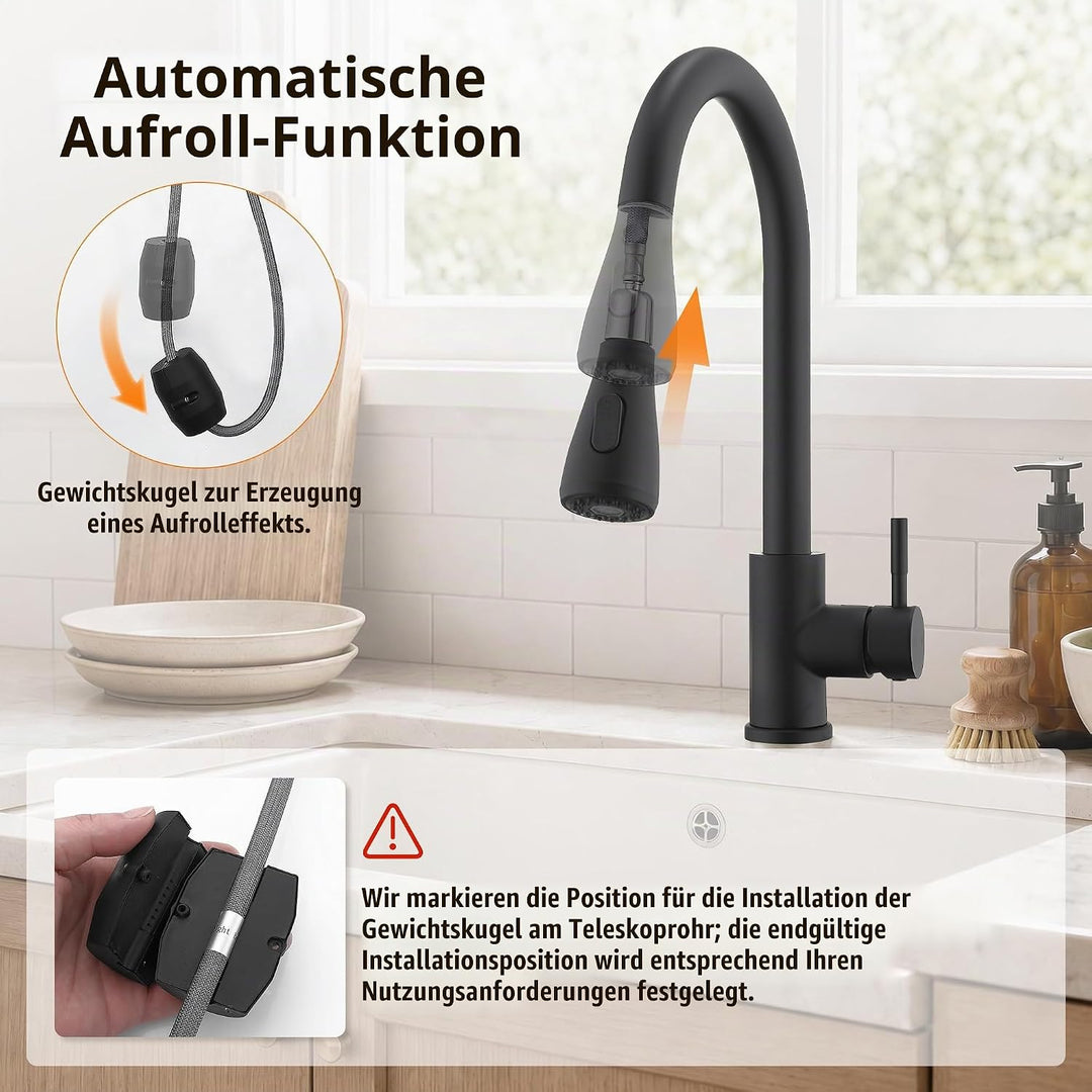 HOMELODY Küchenarmatur Schwarz mit Ausziehbrause, 360° drehbar Wasserhahn Küche Matt Schwarz, Einheb