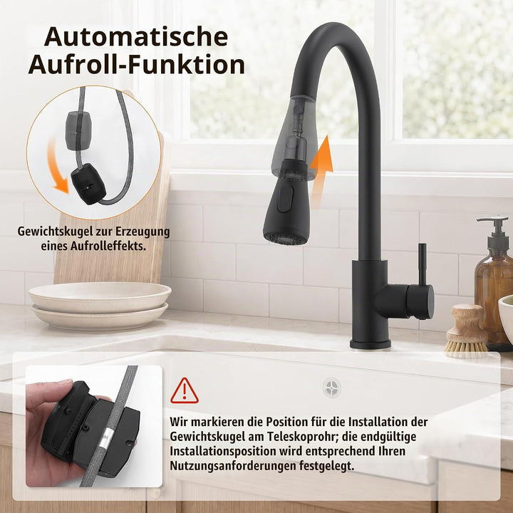 HOMELODY Küchenarmatur Schwarz mit Ausziehbrause, 360° drehbar Wasserhahn Küche Matt Schwarz, Einheb