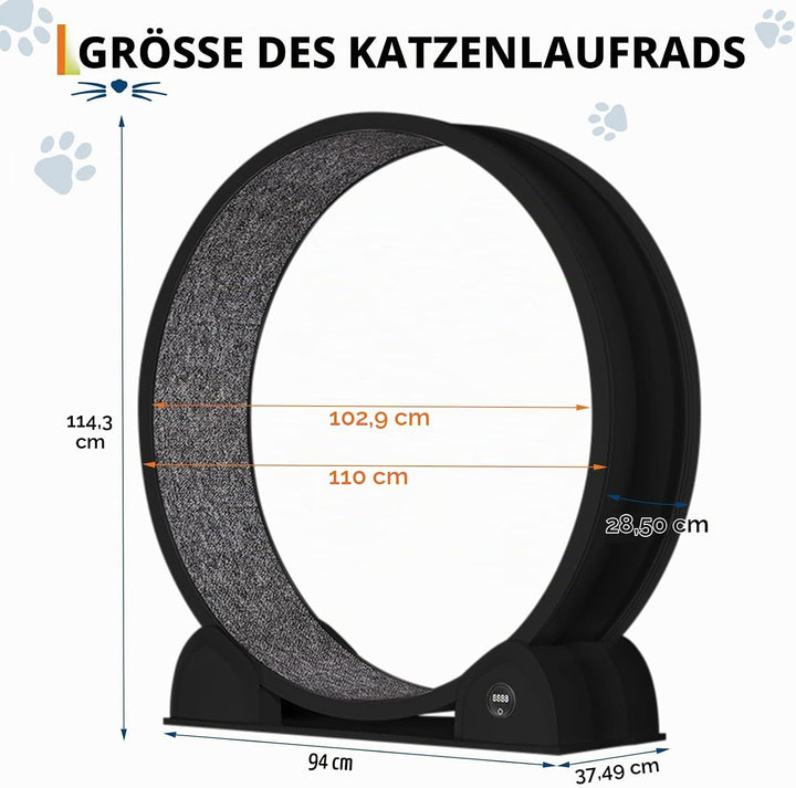 Katzenlaufrad, 114cm Laufrad mit Schrittzähler &amp; Kratzbrett für Indoor-Katze, Super Leise Laufband m