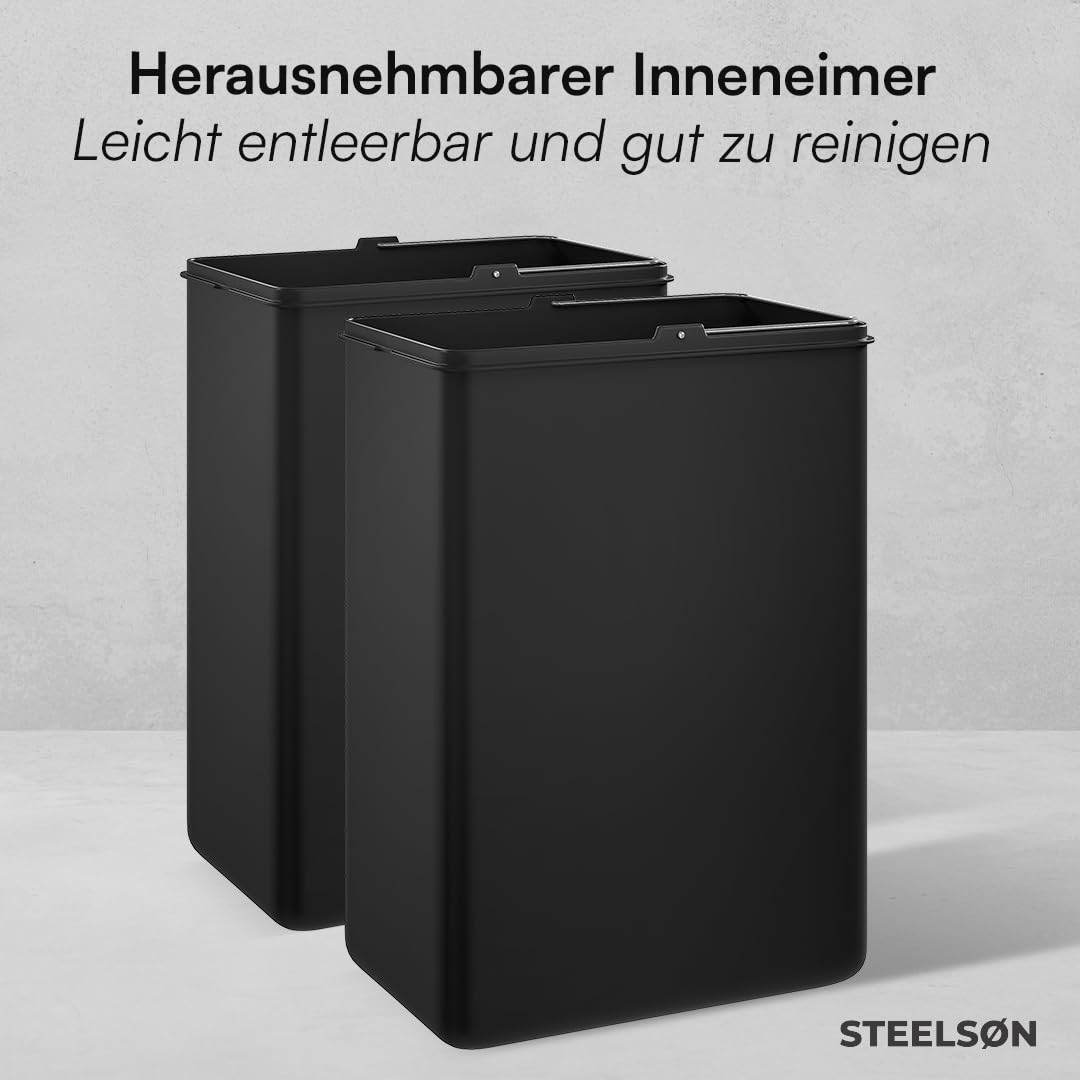 STEELSØN Epsilon Mülleimer 2 Fächer – Mülltrennsystem Küche 2x15L aus Edelstahl Schwarz – Tretmüllei