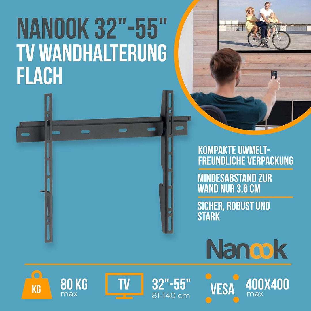 NANOOK Flache TV Wandhalterung für 32-55 Zoll (81-140 cm) Fernseher | Flache Aufhängung | Halterung