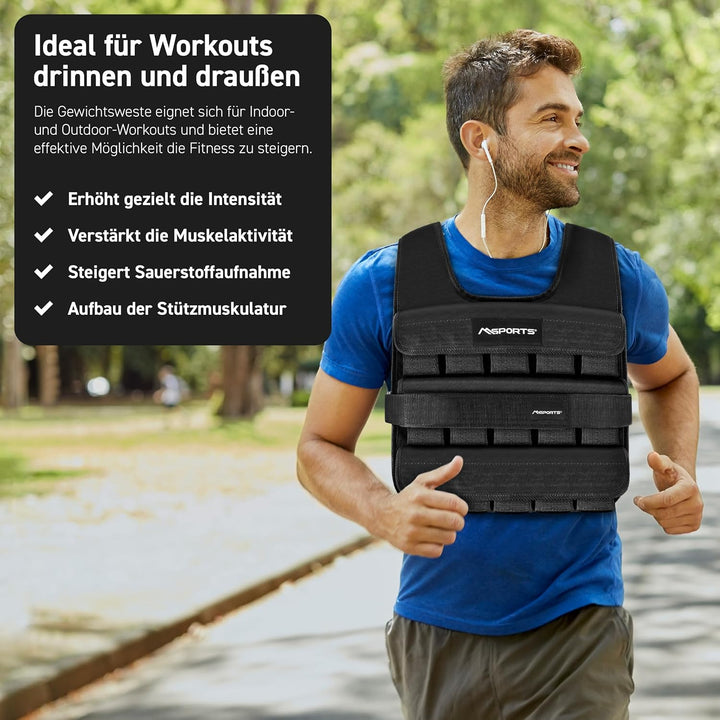 MSPORTS Gewichtsweste Premium Verstellbar von 5 kg - 30 kg Weight Vest | Laufweste Damen Herren | Fi