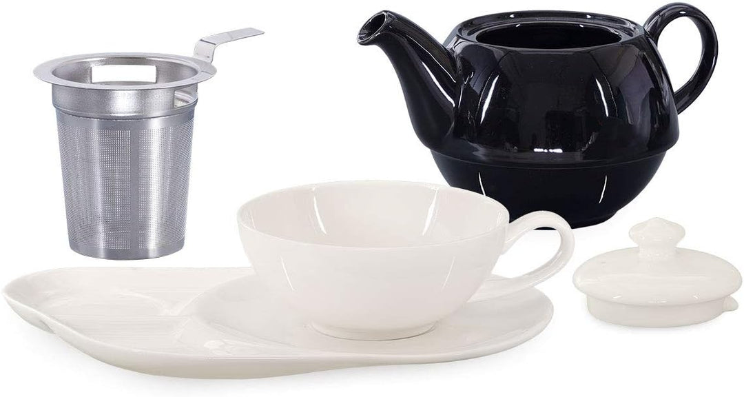 Tea for One mit Sieb Lena 500ml aus Crystal Bone China Porzellan in schwarz-weiss. Teekanne + Teetas