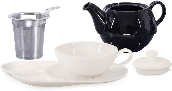Tea for One mit Sieb Lena 500ml aus Crystal Bone China Porzellan in schwarz-weiss. Teekanne + Teetas