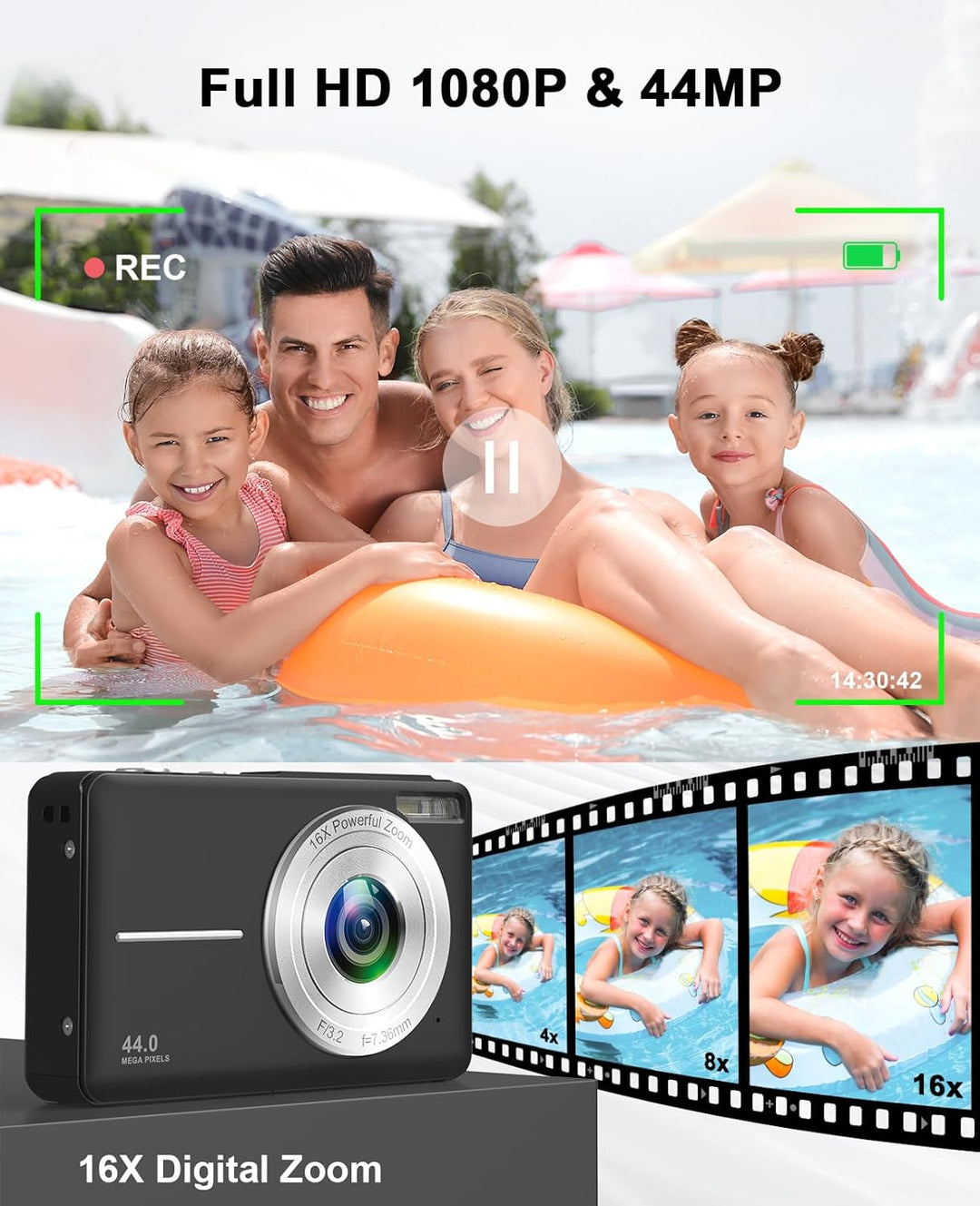 Digitalkamera Fotoapparat 1080P 44MP Fotokamera mit 16X Digitalzoom Tragbare Kompaktkamera Vlogging