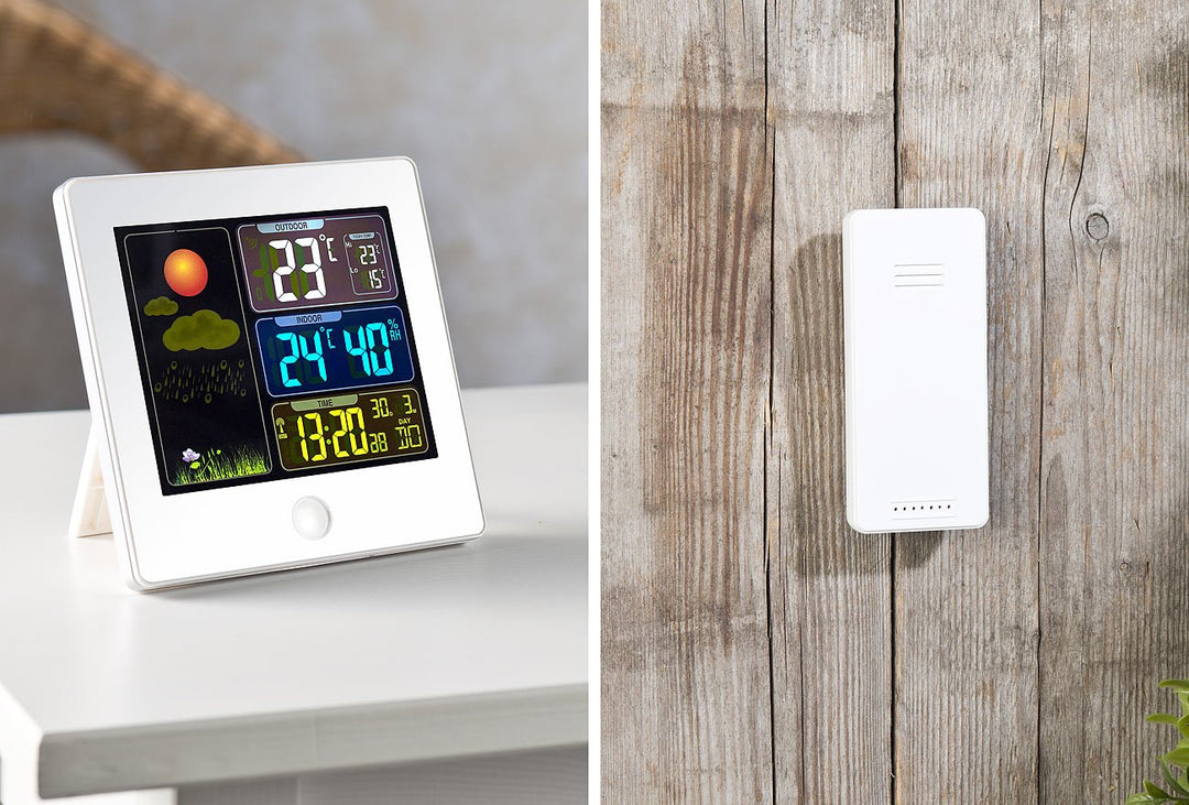 infactory Tischuhren: Funk-Wetterstation mit Aussensensor, Farbdisplay, Funkuhr, Wecker, weiss (Funk