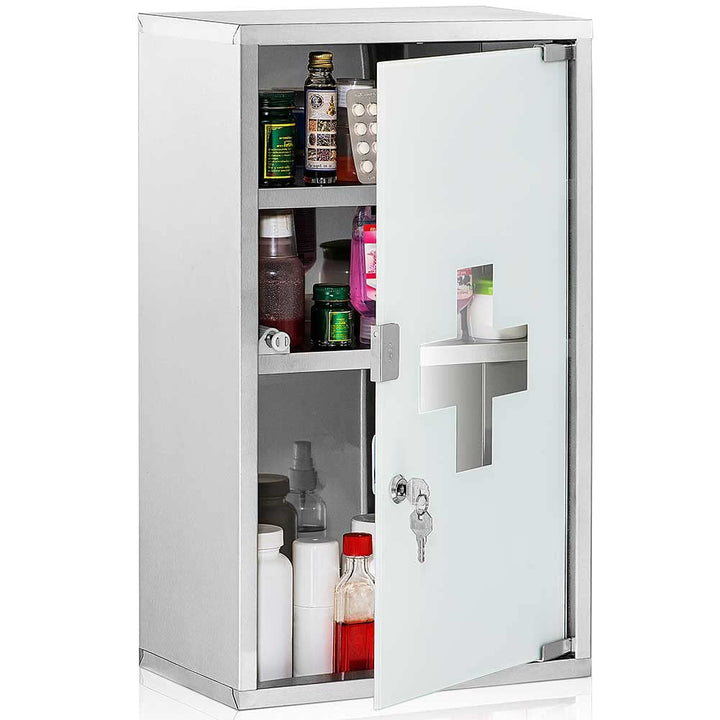 Bakaji Schrank für Medikamente, Erste-Hilfe-Schrank aus Edelstahl und satiniertem Glas, Farbe Silber