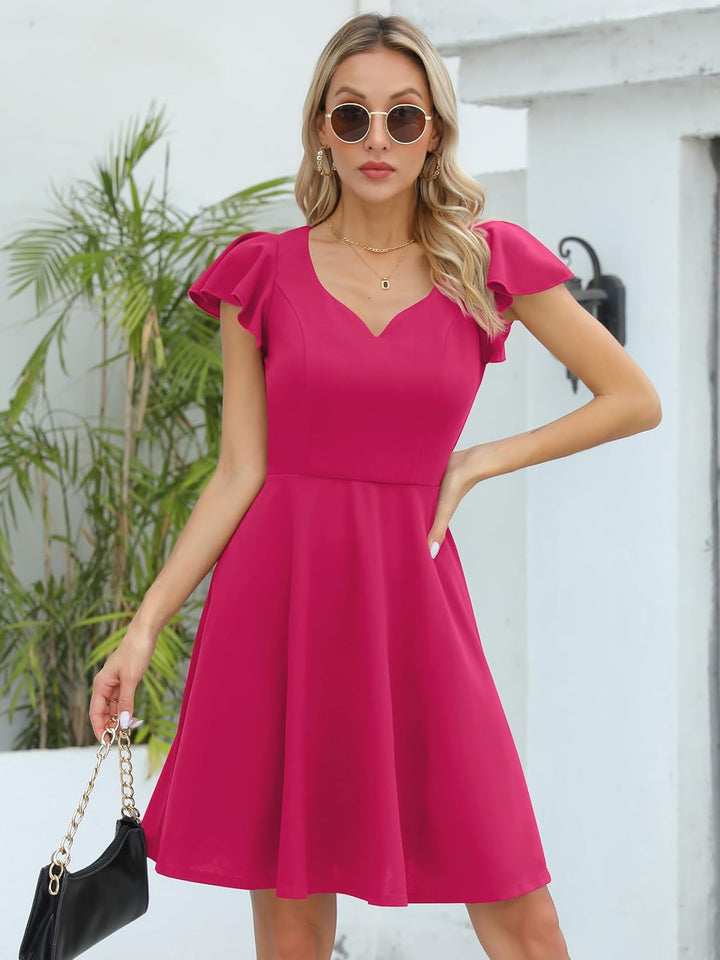 Missufe Damen Cocktailkleid Elegant Vintage Minikleid Kurz A-Linie Herzausschnitt Kleider Heisses Ro