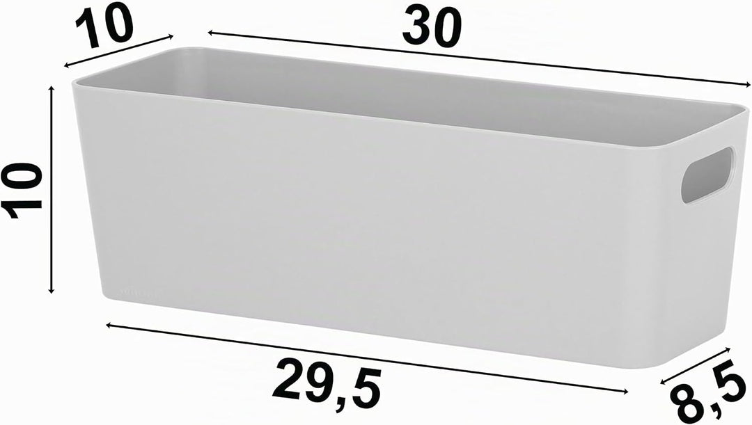 Hummelladen 3x Ordnungsbox 10 cm hoch - GRAU - 30x10x10cm 2 Liter - mit Beschriftungsclip Ordnungsko