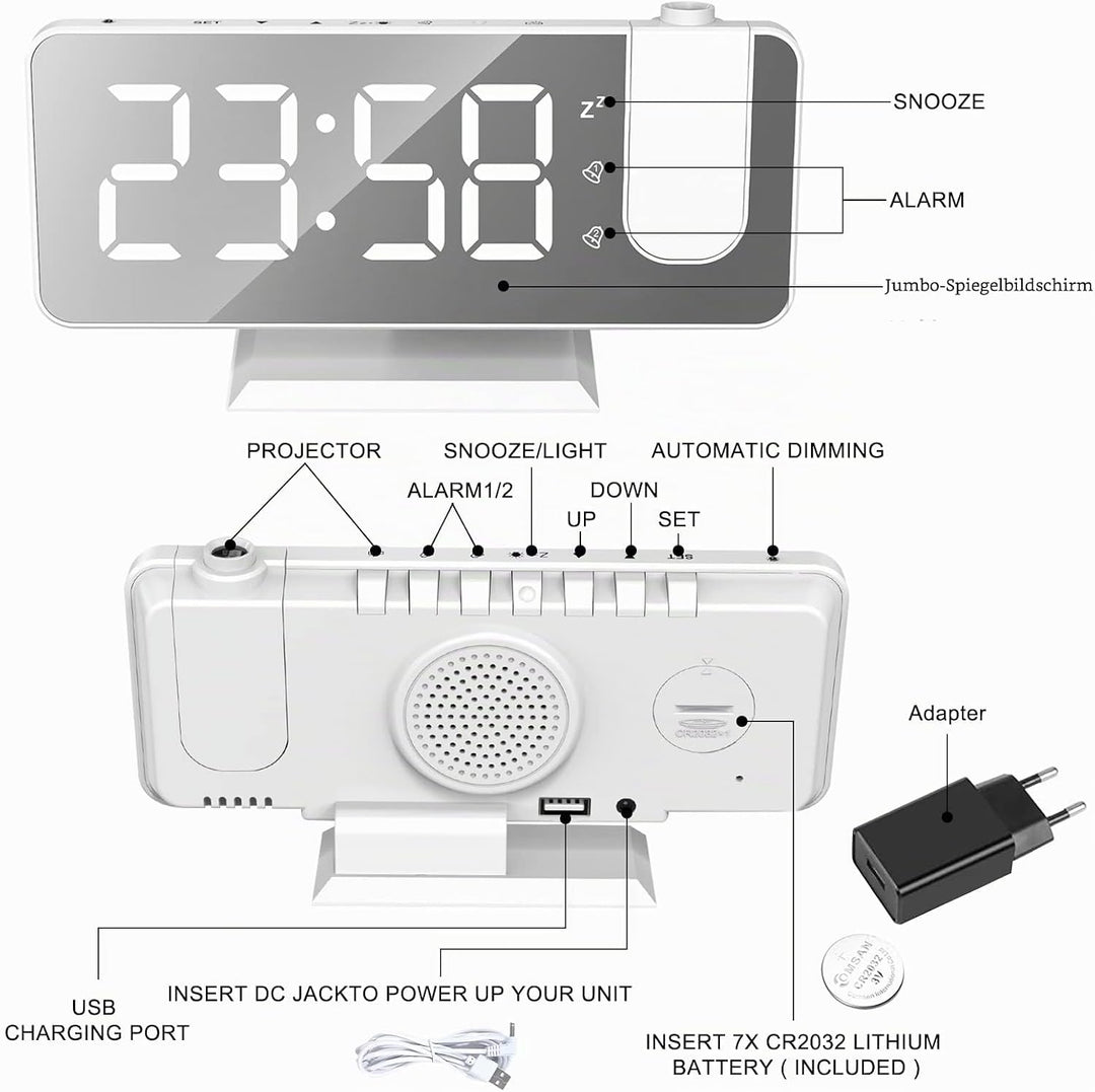 Exmate Projektionswecker, Digital Wecker mit Projektion, USB-Ladeanschluss, 7.5'' grosses Spiegel-LE
