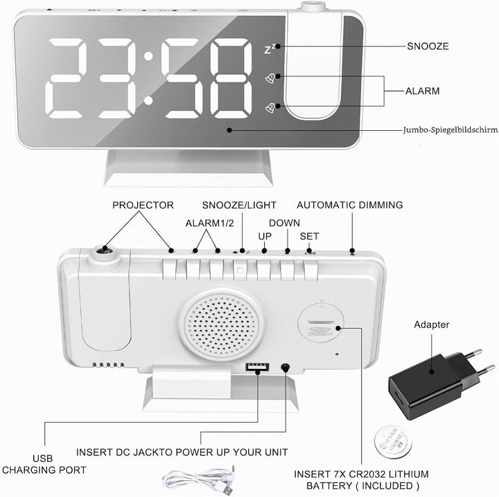 Exmate Projektionswecker, Digital Wecker mit Projektion, USB-Ladeanschluss, 7.5'' grosses Spiegel-LE