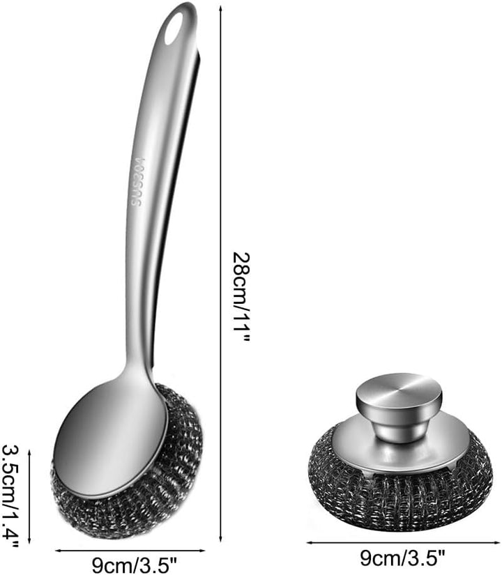 Drahtschwamm Set mit Langem Griff, 5-teilig Schrubber aus Stahlwolle, Topfreiniger aus Metalldraht f