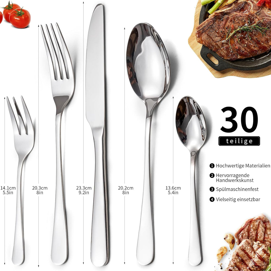Besteck Set, Edelstahl Spiegelpoliert 30 teilig Besteckset für 6 Personen, Essbesteck Set mit Messer
