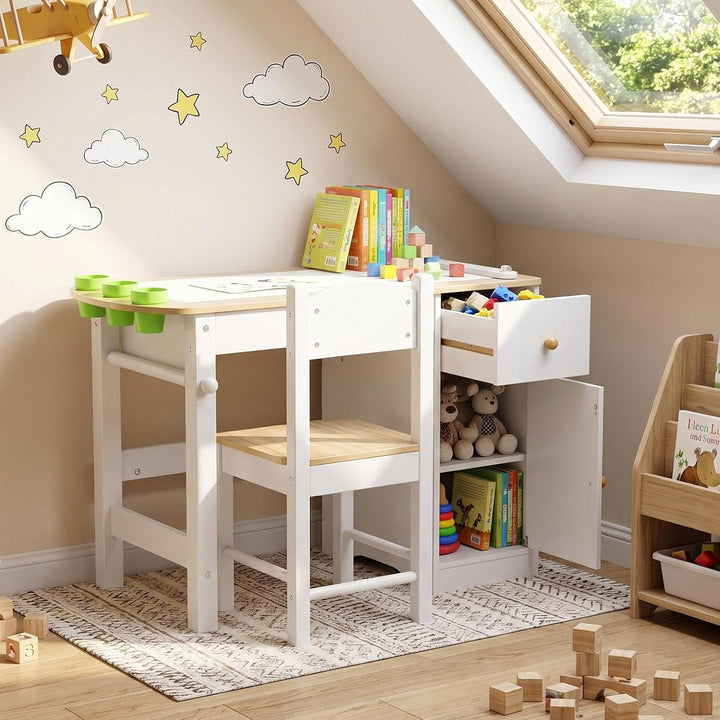 Clevich Kinder Tisch Stuhl Set mit Tafel, Kindertisch Holz, Weiss