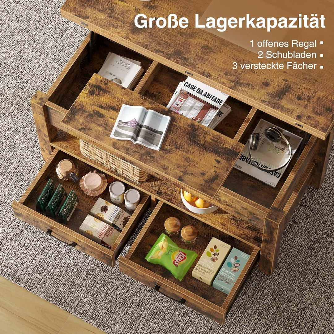 Rolanstar Couchtisch Höhenverstellbar, Wohnzimmertisch mit Schublade & verstecktem Fach, Kaffeetisch