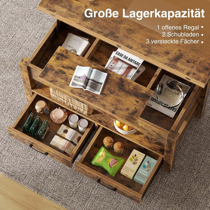 Rolanstar Couchtisch Höhenverstellbar, Wohnzimmertisch mit Schublade & verstecktem Fach, Kaffeetisch
