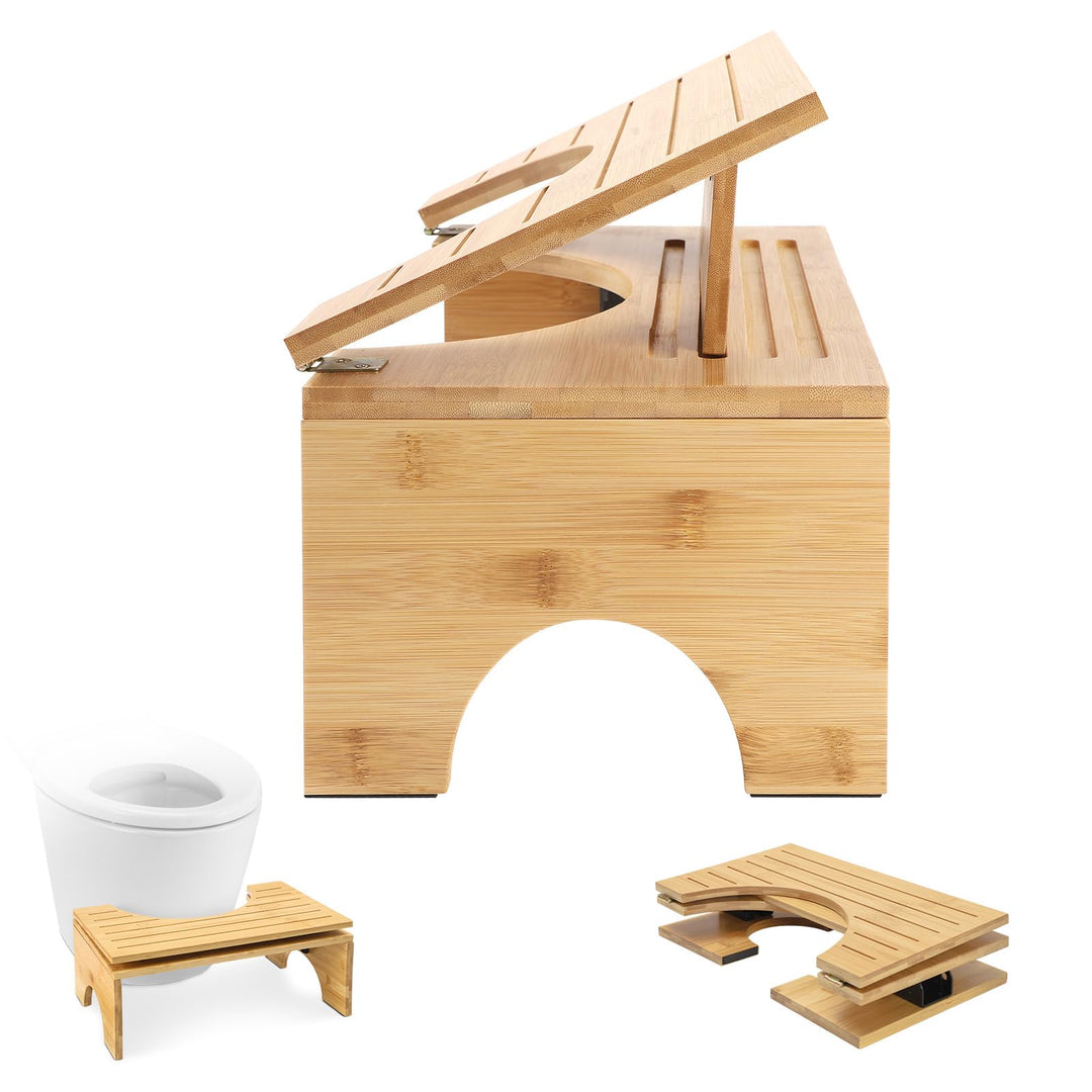 Toilettenhocker Klappbar, Klohocker Aus Bambus, Ergonomischer WC Hocker mit Neigungsverstellung für