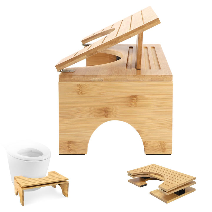 Toilettenhocker Klappbar, Klohocker Aus Bambus, Ergonomischer WC Hocker mit Neigungsverstellung für
