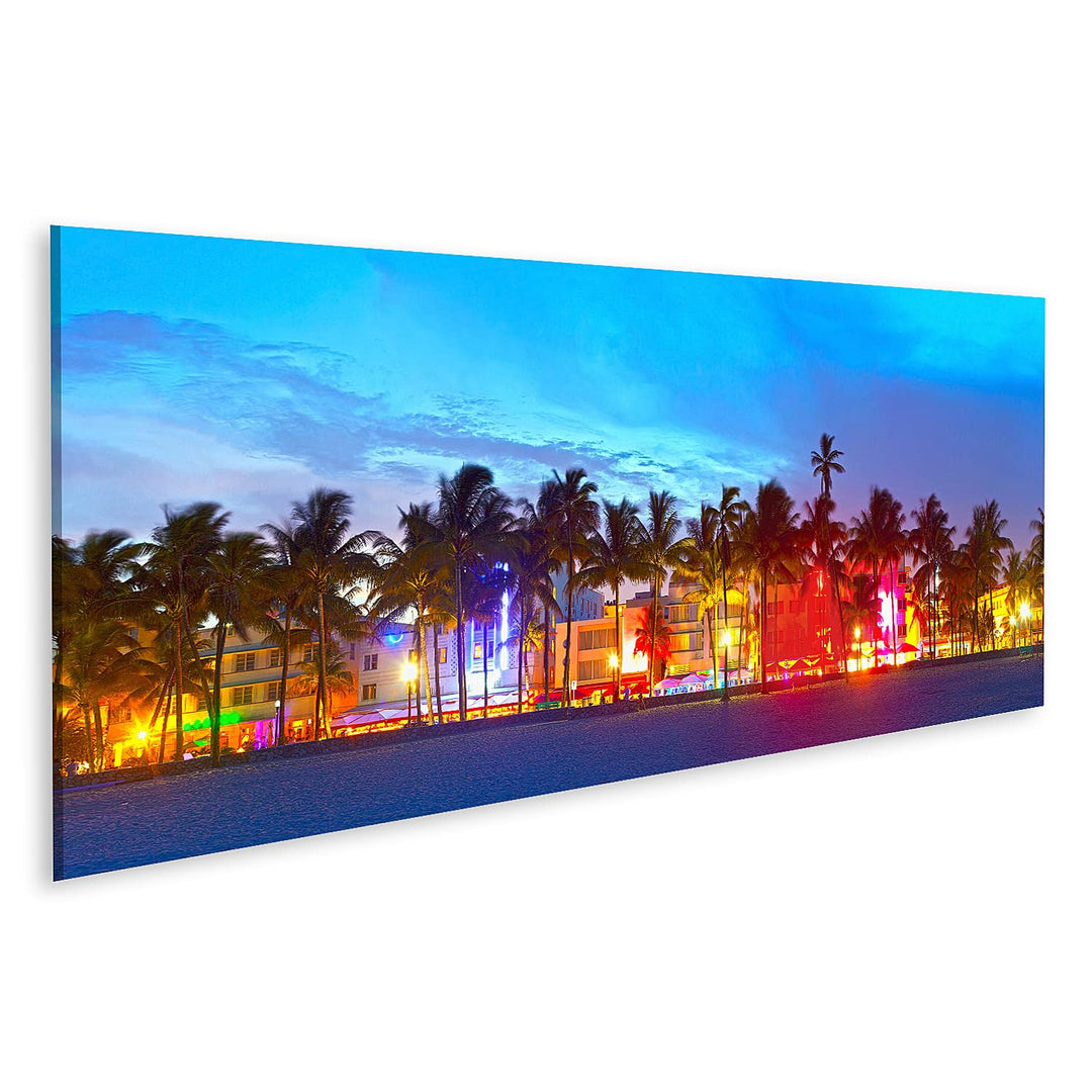 islandburner Bild auf Leinwand Miami Beach Florida Ocean Drive Palmen Bunte Lichter Bilder Wandbilde