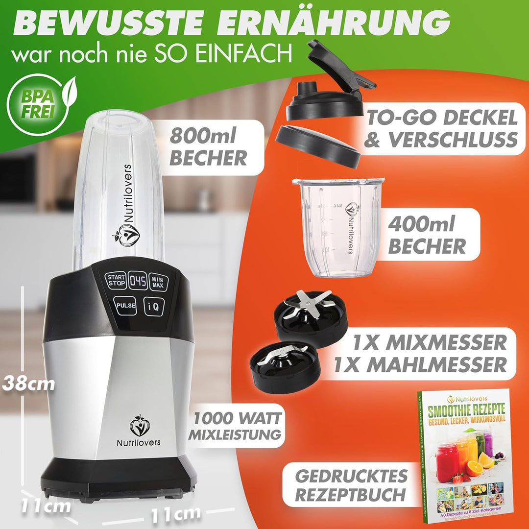Nutrilovers NUTRI-BLENDER Mixer Smoothie-Maker to go 1000 Watt Standmixer klein Mini-Mixer für Smoot