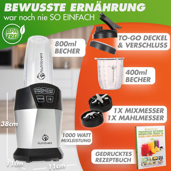 Nutrilovers NUTRI-BLENDER Mixer Smoothie-Maker to go 1000 Watt Standmixer klein Mini-Mixer für Smoot