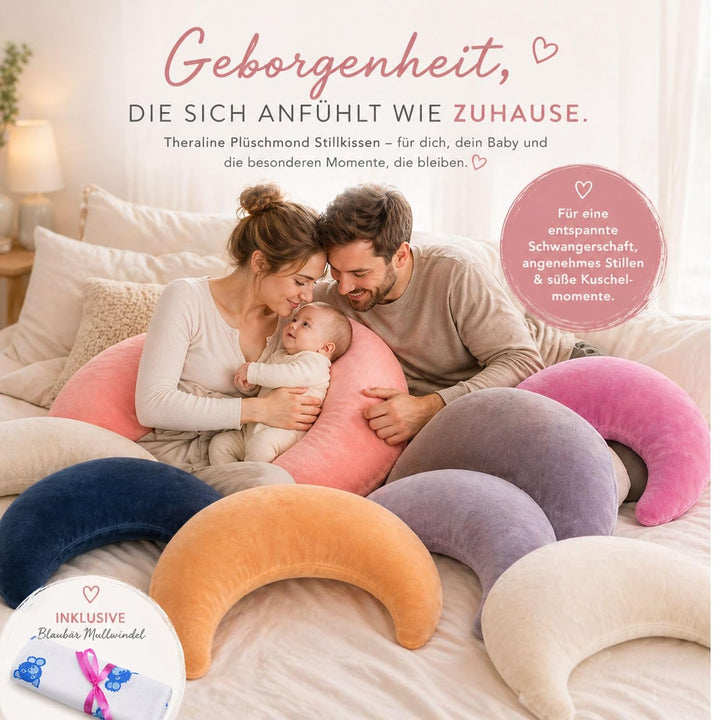 Set Theraline Plüschmond Stillkissen, Bauchstützkissen &amp; Spucktuch Blaubär | Schmusekissen und Lesek