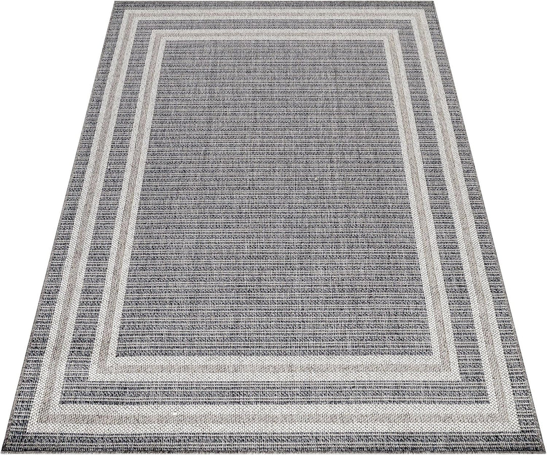 In- & Outdoor Läufer Teppich Robuster, Modern Bordüre Design, Rechteckig, Grau und Creme Farbe, Wett