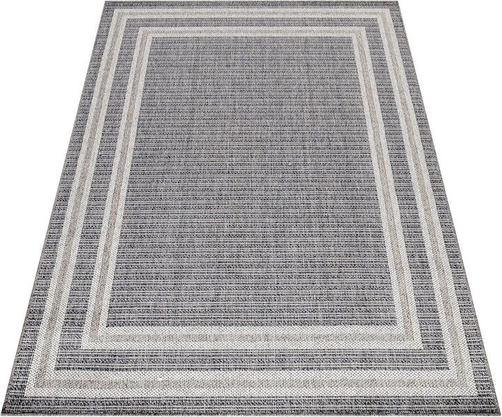 In- & Outdoor Läufer Teppich Robuster, Modern Bordüre Design, Rechteckig, Grau und Creme Farbe, Wett