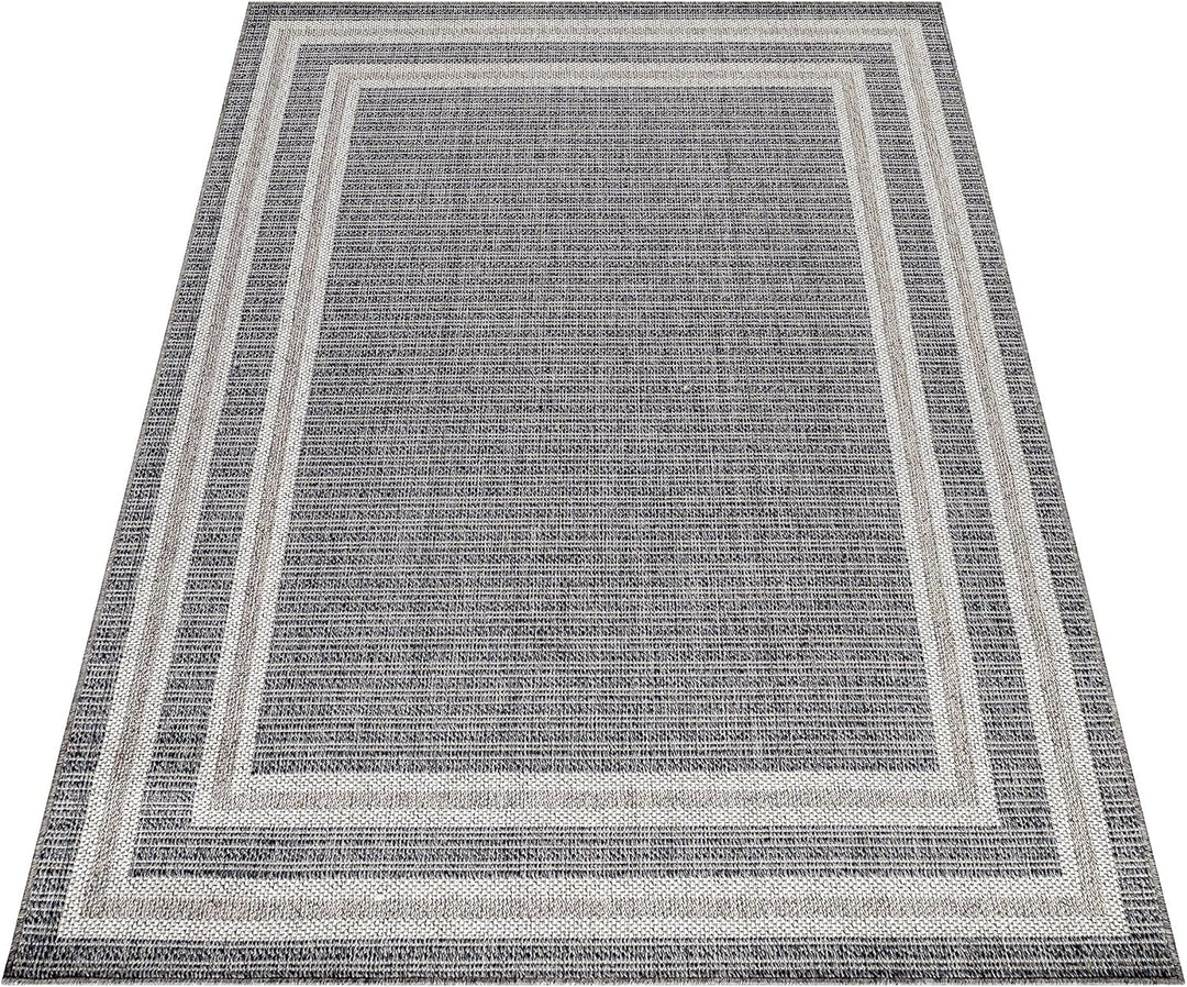 In- &amp; Outdoor Teppich Robuster, Modern Bordüre Design, Rechteckig, Grau und Creme Farbe, Flachgewebe