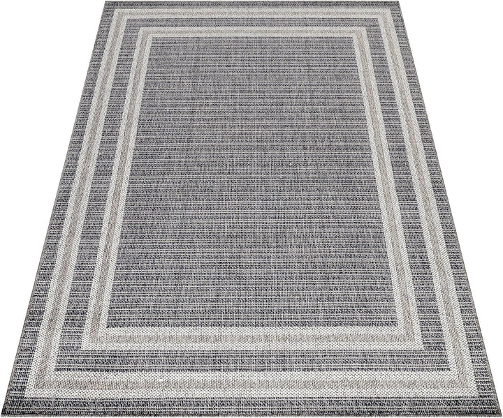 In- &amp; Outdoor Teppich Robuster, Modern Bordüre Design, Rechteckig, Grau und Creme Farbe, Flachgewebe